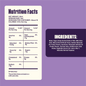 Nutrition facts label and ingredients list on a purple background