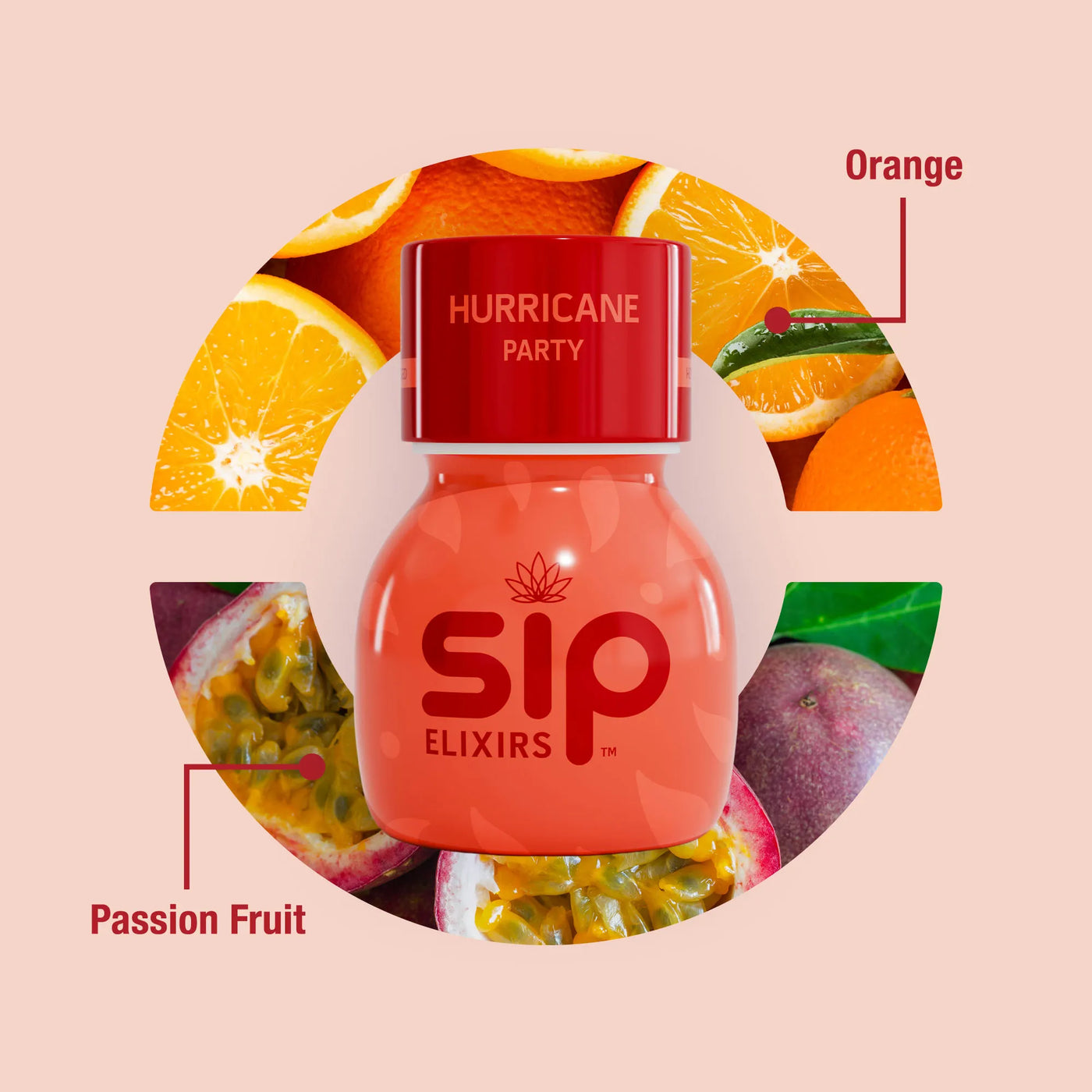 Sip Elixirs Hurricane Party bottle surrounded by orange and passion fruit slices on a pink background