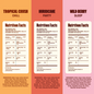 Three nutrition fact panels for different flavors of a product on a gradient background.