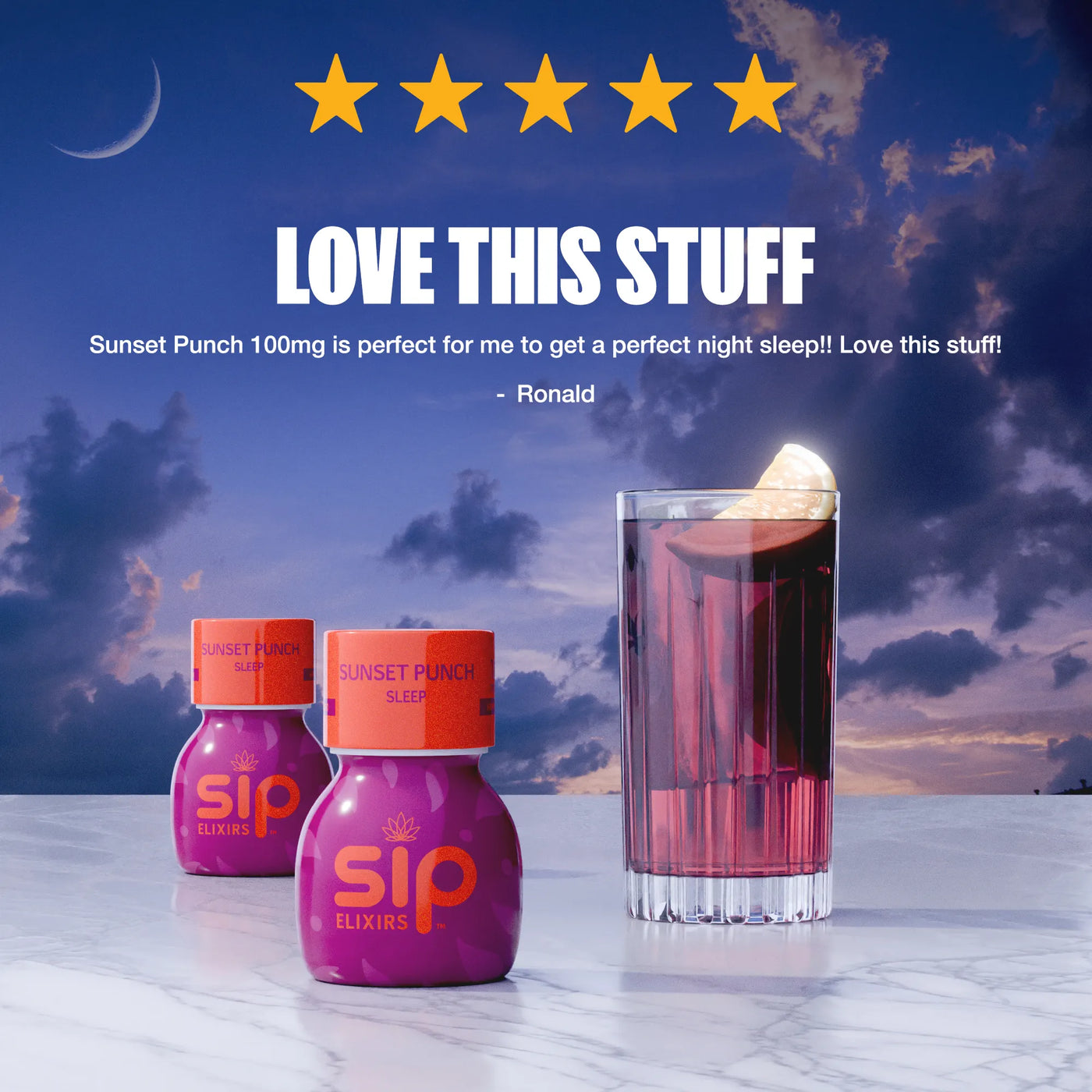 Sip Elixirs Sunset Punch bottles with a glass of red liquid against a sunset sky.