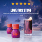 Sip Elixirs Sunset Punch bottles with a glass of red liquid against a sunset sky.