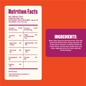 Nutrition facts label and ingredients list on an orange background