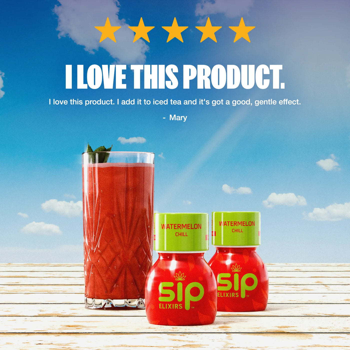 Sip Elixirs watermelon chilli drink with a glass of red liquid against a blue sky background.