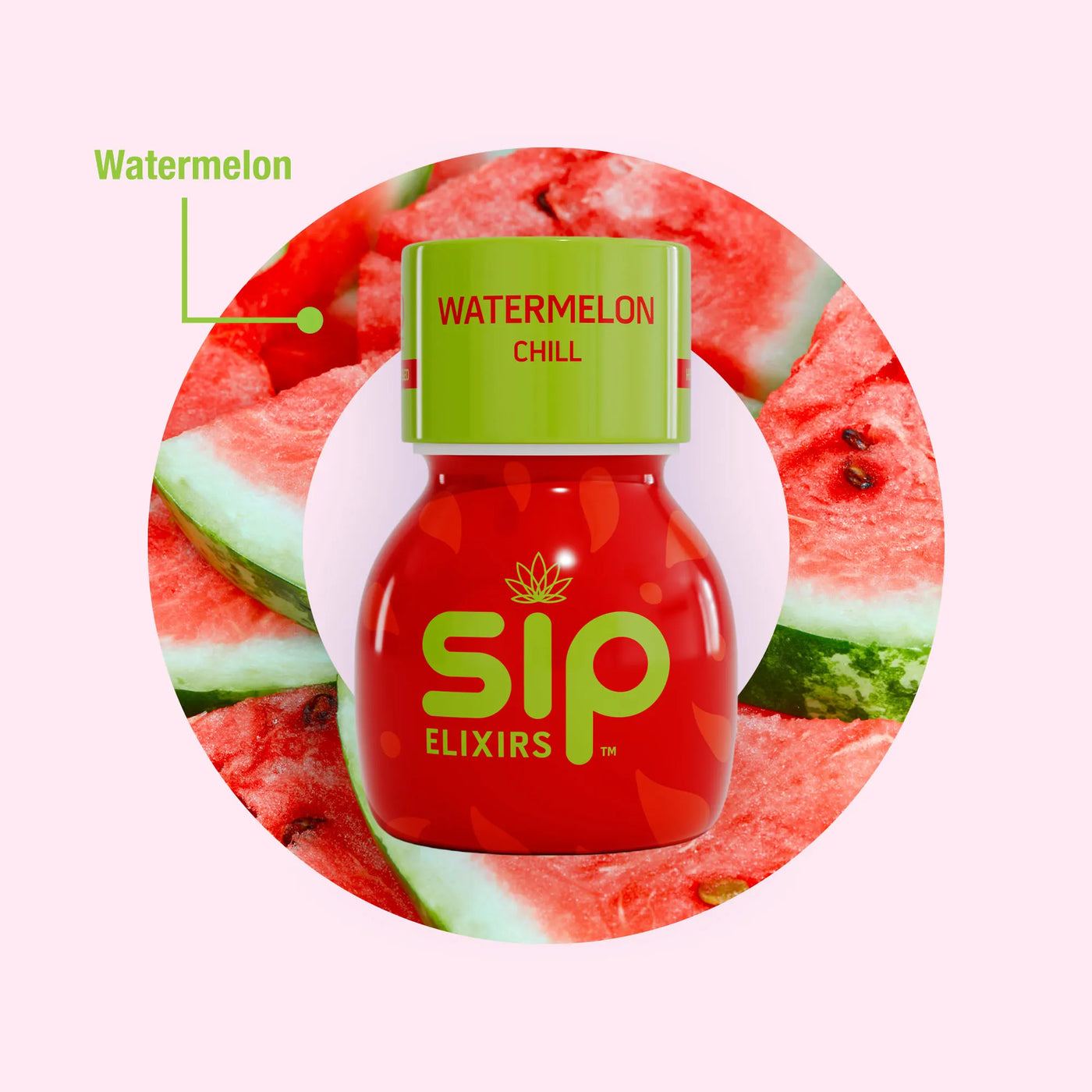 Sip Elixirs Watermelon Chill bottle with watermelon slices in the background