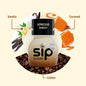 Sip Elixirs Xpresso Energy bottle surrounded by vanilla, caramel, and coffee elements on a beige background