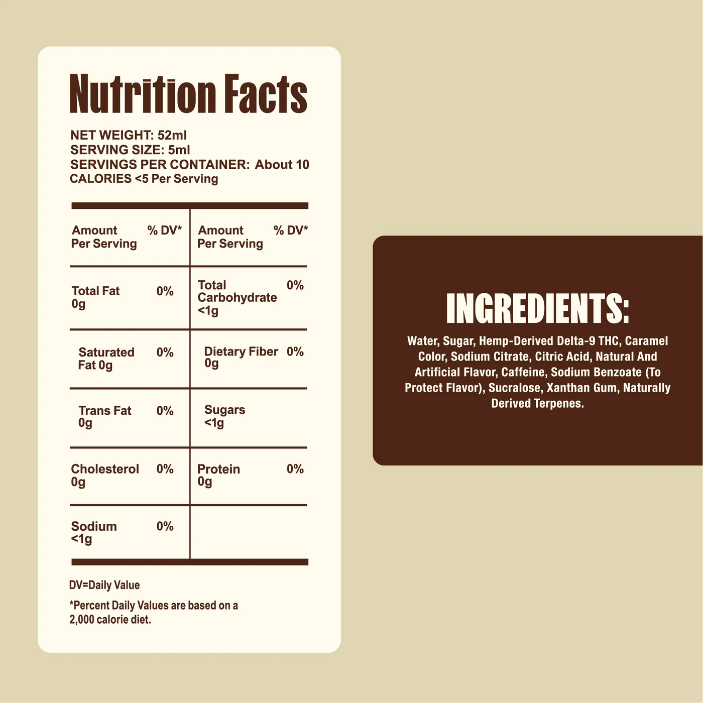 Nutrition facts label and ingredients list on a beige background