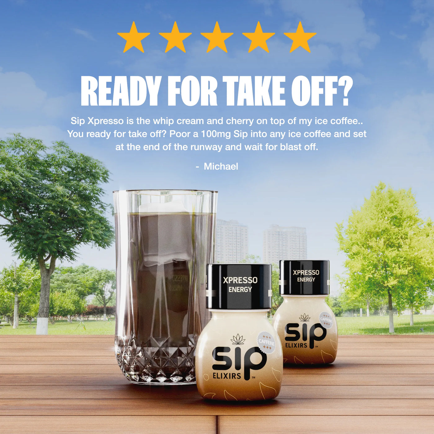Sip Elixirs products on a wooden surface with a scenic background
